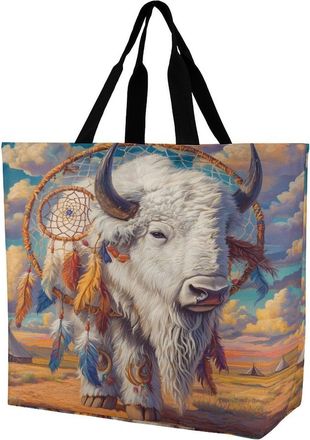Generic Bison Dreamcatchers Tote Bag Reusable Grocery Shopping Bags Large Travel One Shoulder Handbag for Picnic Work