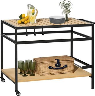 OUTSUNNY camarera con ruedas de madera carro de servicio con encimera de listones 2 estantes 3 ganchos y asa para jardín terraza 107x65x80 cm natural