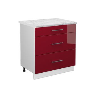 Vicco Mueble Bajo De Cocina Fame-line, Rojo Burdeos Alto Brillo, 80 Cm Con 3 Cajones, Et M&aacute;rmol