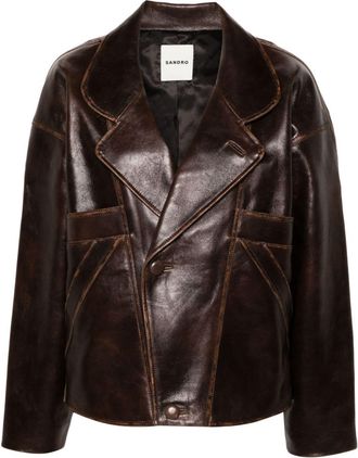 Sandro oversized leather jacket - women - Polyester/Lamb Skin/Viscose - 36 - Brown