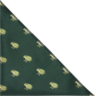 King & Priory Frog Dark Green Herringbone Embroidered Pocket Square, Handkerchief