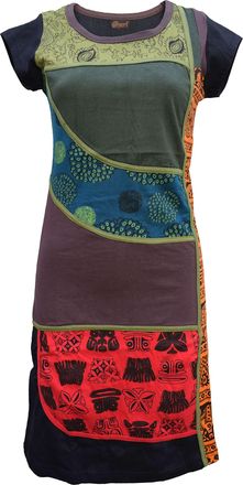 Gheri Ethnic Print Boho Patch Cotton Short Sleeve Mini Dress 16 Black