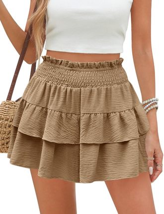 Heekpek Summer Shorts for Women High Waisted Wide Leg Culotte Shorts Beach Double Layer Ruffled Loose Flowy Short Trousers, Khaki, XXL