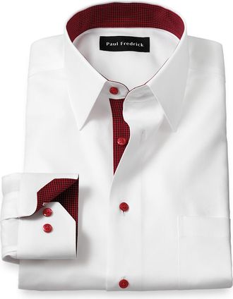 Paul Fredrick Comfort Stretch Non-iron Solid Dress Shirt With Contrast Trim
