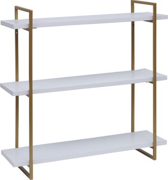 Hhg Estante De Pared Hhg-631, Estante Colgante, Estante Flotante, 3 Estantes Madera Maciza Industrial 60x60x18cm, Blanco, Metal Dorado