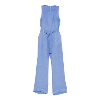 120% Lino 120% Lino, Jumpsuits, female, Blue, Size: XL Belted Sleeveless Jumpsuit