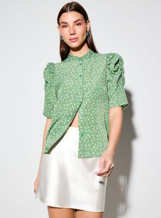 Ichi Womens Gathered puff-sleeve officer collar blouse