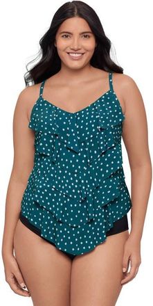 Trimshaper Rachel 5 Tier Ruffle Tankini Swimsuit Top in Sea Stones Peacock at Nordstrom, Size 22W