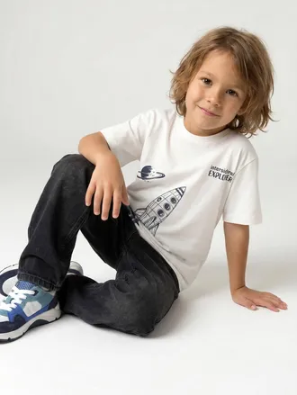 Vertbaudet Jungen T-Shirt mit Raketen-Print wollwei&szlig;