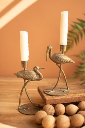Kalalou Set Of Two Antique Brass Shore Bird Taper Candle Holders