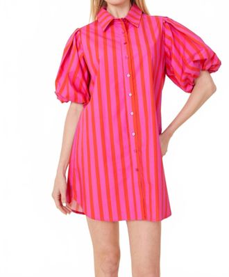 Dolce Cabo Puff Sleeve Stripe Tunic Dress In Pink/red