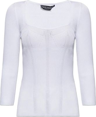 Dolce & Gabbana Viscose Rib Knit Pullover - Dames - Longsleeves - Wit - M - Tops
