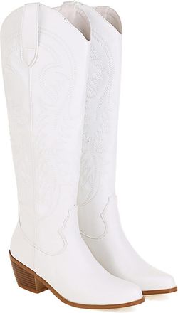 Generic Womens Closed Round Toe PU Leather Long Boots Pull on Knee High Boots Block Heel Western Cowboy Boot with Embroidery Stitched,White Velvet Lining,7.5 