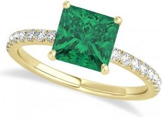 Allurez Princess Emerald & Diamond Single Row Hidden Halo Engagement Ring 18k Yellow Gold (0.81ct)