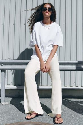 H&M Flared Satin Trousers in Cream at Nordstrom, Size Xx-Large