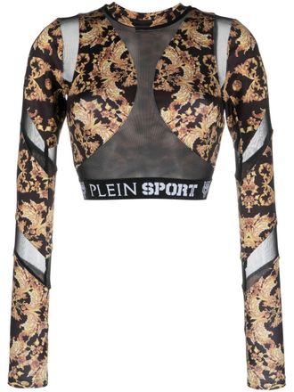 Plein Sport Baroque-print long-sleeved crop top - women - Polyester - S - Black
