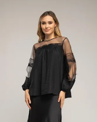 Tantra Chiffon blouse met mouwen en schouders van tule en kantdetails