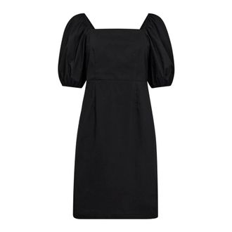 Co'Couture Zwarte Knoopjurk met Pofmouwen - Dames - Korte kleedjes - Zwart - S - Katoen - Kleedjes