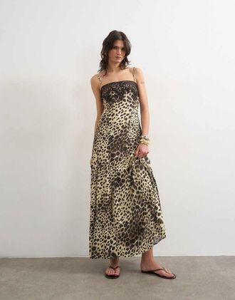 Topshop Vestito lungo con bustino in pizzo e stampa leopardata-Marrone