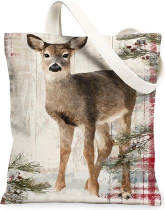 Generic Deer Canvas Tote Bags, Vintage Animal Print Reusable Grocery Bags, Winter Lightweight Washable Shoulder Strap Canvas for Tr, Beige, 13x15 Inch