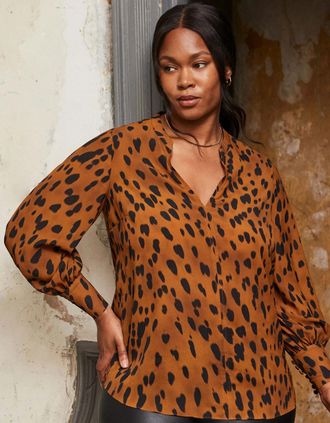 Live Unlimited London Womens Brown Animal Print Nehru Collar Blouse - Orange - Size: 18