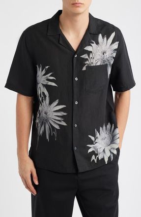 AllSaints Floraze Floral Graphic Button-Up Camp Shirt in Jet Black at Nordstrom, Size Xx-Large
