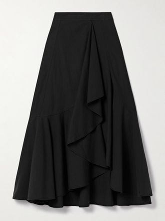 Ulla Johnson Gonna Midi In Cotone E Twill Di Misto Tencel Drappeggiato Effetto Portafoglio Sabina - Nero