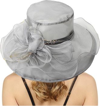 Generic Organza Wide Brim Wedding Hats Womens Sun Hat Ladies Bridal Summer Gauze Cap for Church Floral Bride Party Elegant Large Ladies Fedoras Grey One Size