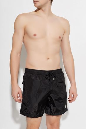 Moncler Swim Shorts With Logo Patch, Mens, Black