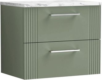 Nuie Nuie - Deco Wall Hung 2-Drawer Vanity Unit with Carrera Marble Worktop 600mm Wide - Satin Green