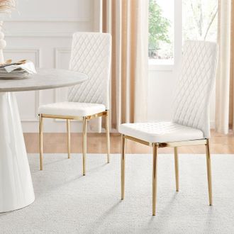 Furniturebox Set of 4 Milan High Back Soft Touch Diamond Pattern Faux Leather Dining Chairs With Gold Chrome Metal Legs in White