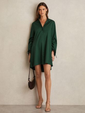 Reiss Grazia Green Cotton Gathered Cut-out Shirt Dress With Stretch, 12, Dark