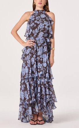 ASTR the Label Floral Ruffle High Neck Maxi Dress in Blue Brown Floral at Nordstrom, Size Medium