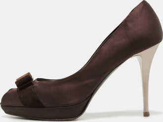 Ferragamo Brown Satin Vara Bow Peep Toe Pumps