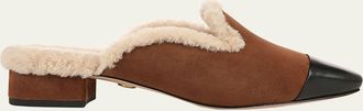 Veronica Beard Cecile Suede Shearling Cap-Toe Mules