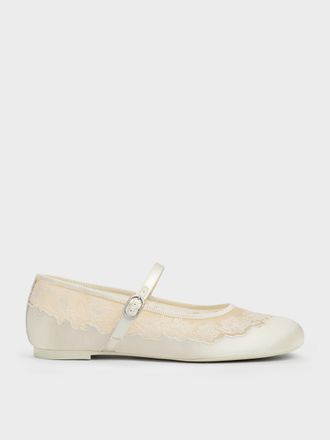 Charles & Keith Satin Embroidered-Mesh Mary Jane Flats