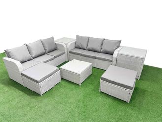 Fimous Outdoor Garden Furniture Sets 8 Seater Wicker Rattan Furniture Sofa Sets w/ Square Coffee Table high Back Lounge Sofa 2 Big Footstool 2 Side