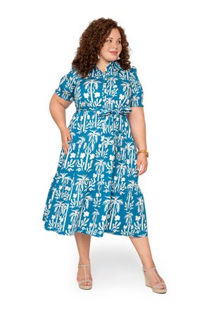 Leota Octavia Puff Sleeve Shirt Dress Palm Fields Mykonos Blue