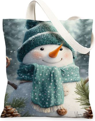 Generic Winter Snow Man Canvas Tote Bags, Cute Cold Design Reusable Grocery Bags, Lightweight Washable Shoulder Strap Canvas for Beach Picnic 13x15 Inch