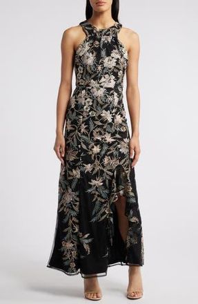 Maggy London Floral Embroidered Mesh Gown in Black/Mauve/Gold at Nordstrom Rack, Size 14