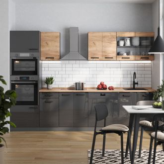 Vicco Mueble De Cocina R-line, Oro Power Roble/antracita, 300 Cm Muebles Bicolor, Enc Roble, Vicco