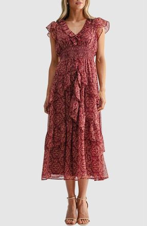 Mila Mae Flutter Sleeve Frill Maxi Dress in Burgundy Blush at Nordstrom, Size X-Small