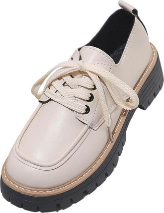 Generic Ladies Loafers Wide Width Comfortable Walking Shoes Round Toe Elegant Flat Low Heel Non-Slip Casual Lace Up Shoe Office Leisure Beige
