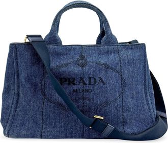 Prada Canapa Denim 2-Way Tote Bag Small Blue
