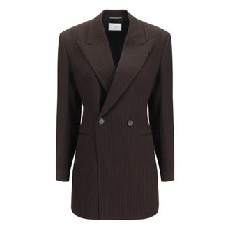 Saint Laurent Double-breasted blazer van gem&ecirc;leerde wol met krijtstreep - Dames - Jassen - Bruin - Maat: M Wol