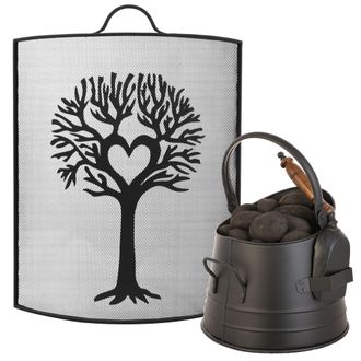 Dibor Traditional Tree Fire Screen Fireguard H67cm x W53cm with Black Coal Bucket with Shovel