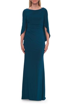 La Femme Draped Cape Sleeve Jersey Gown with Ruched Bodice in Teal at Nordstrom, Size 14
