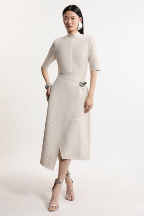 Karen Millen Womens Figure Form Bandage Asymmetric Knit Midi Dress - Beige - Size X-Small