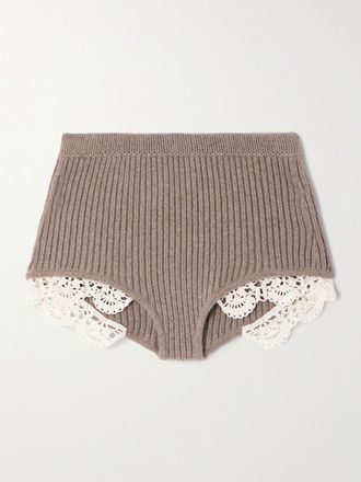 Magda Butrym Shorts In Cashmere A Coste Con Finiture In Pizzo Di Cotone Crochet - Marrone