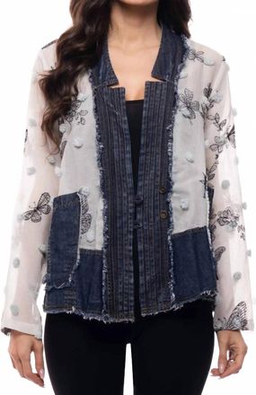 ADORE Chiffon Embroidered Butterfly Jacket With Denim Trim In Blue